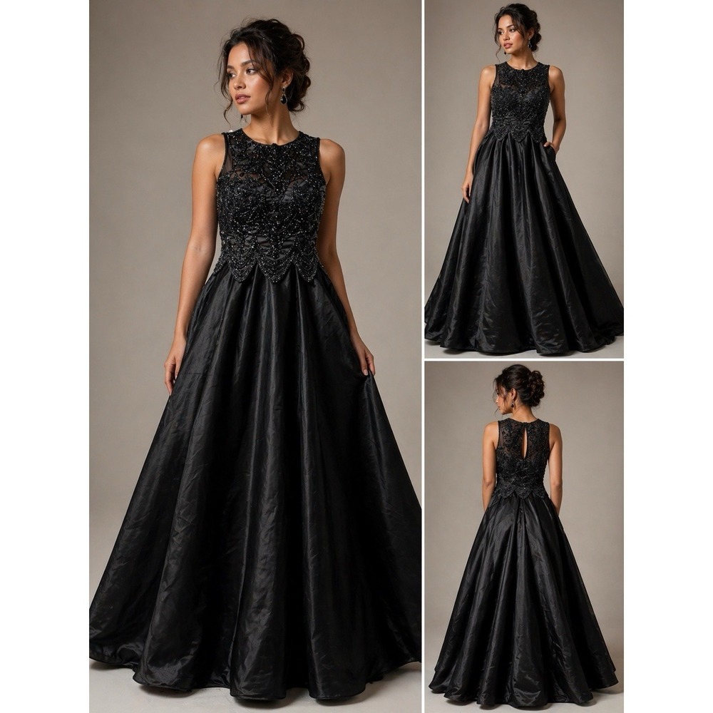 VTG Je Maradi By Sean Mehta Women's 8 Black Floral Satin Beaded Dress Bodice 90s